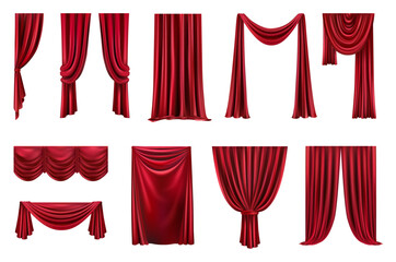 Cinema or theater red velvet curtains for stage or scene. Vector in realistic style, isolated set of classic decoration for interior, luxury drapes for dramatic entrance or movie presentation