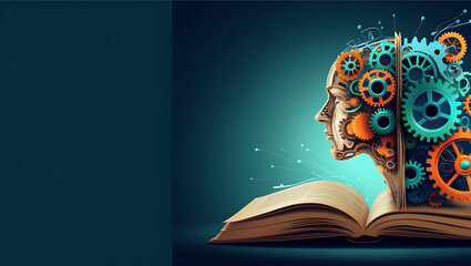 idea of achievement and education. Online learning is a novel concept. A book, gears, and a brain in a collage. knowledge book, lightbulb brain