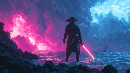 Fototapeta premium A pixel pirate captain with a glowing sword, stormy ocean background