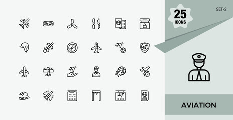 Aviation Services icon pack. Icons travel, airplane, ticket, landing, airport, tourism and more. Collection for mobile and web apps. Editable stroke. Vector illustration.