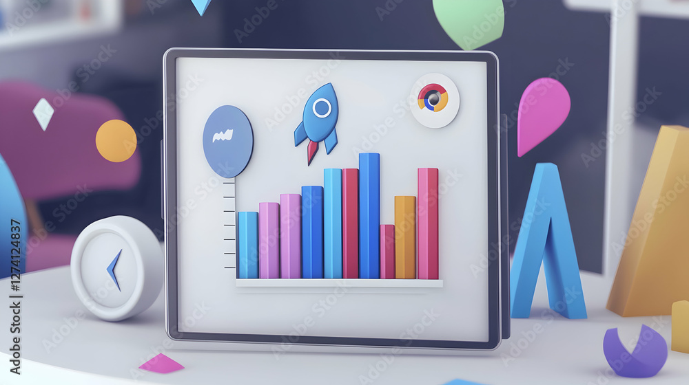 Poster colorful bar graph display with rocket and clock for business growth