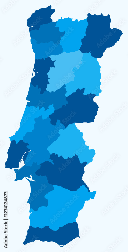 Poster map of portugal with regions. just a simple country border map with region division. light blue colo