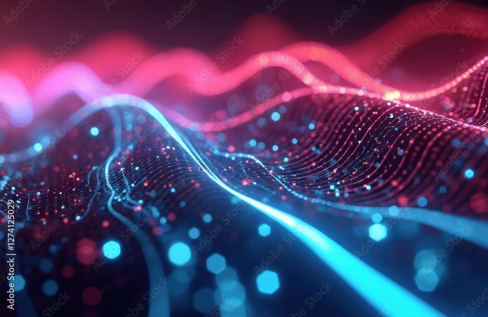 Poster abstract futuristic background with pink blue glowing neon moving high speed wave lines. data transf