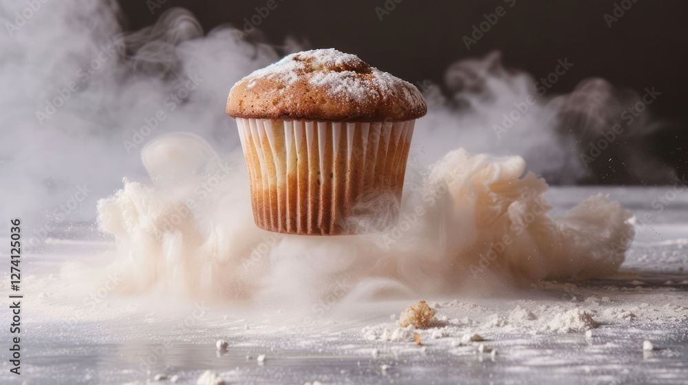 Poster a cupcake surrounded by flour dust, creating a dynamic and playful culinary scene.
