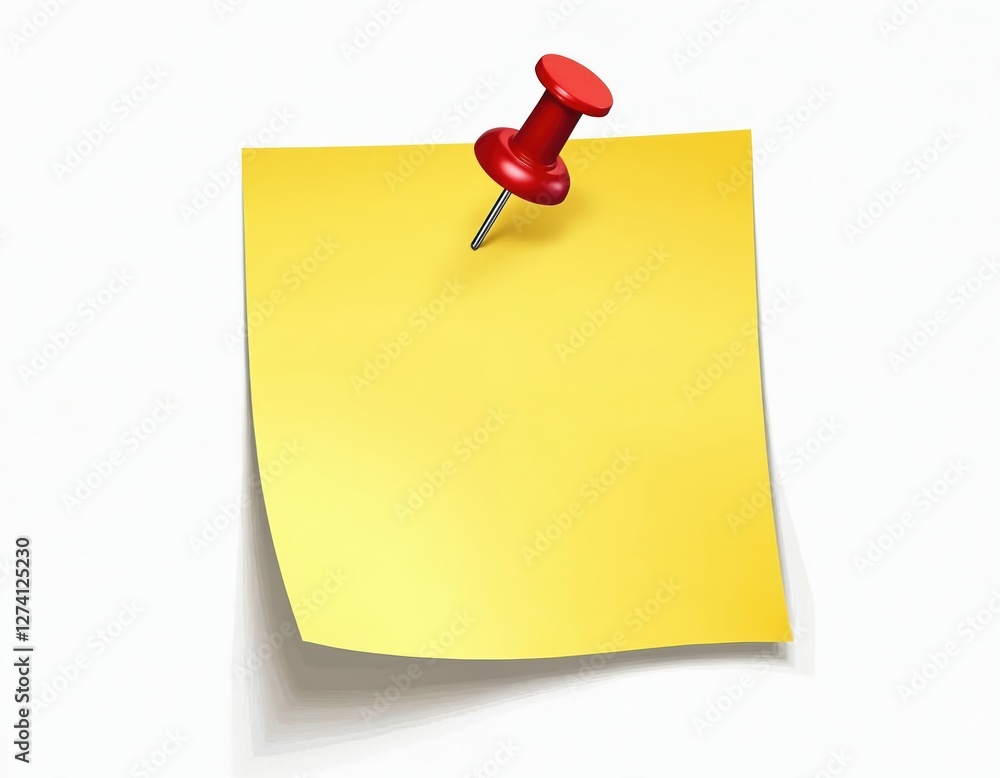 Poster Pinned yellow sticky note illustration on white background. Office message reminder with red pushpin. Cut out blank empty clear paper sheet for notes, tasks. Copy space, memo template.