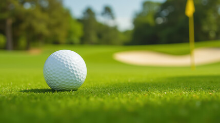 close up of golf ball on lush green course, ready for play