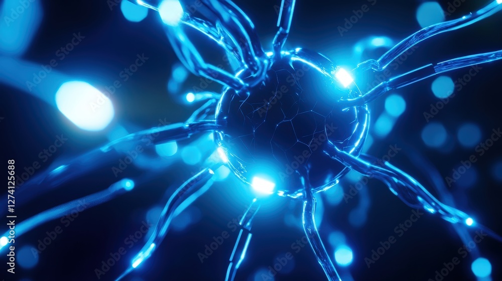 Poster an abstract representation of a neuron glowing in blue light, symbolizing the complexities of the hu