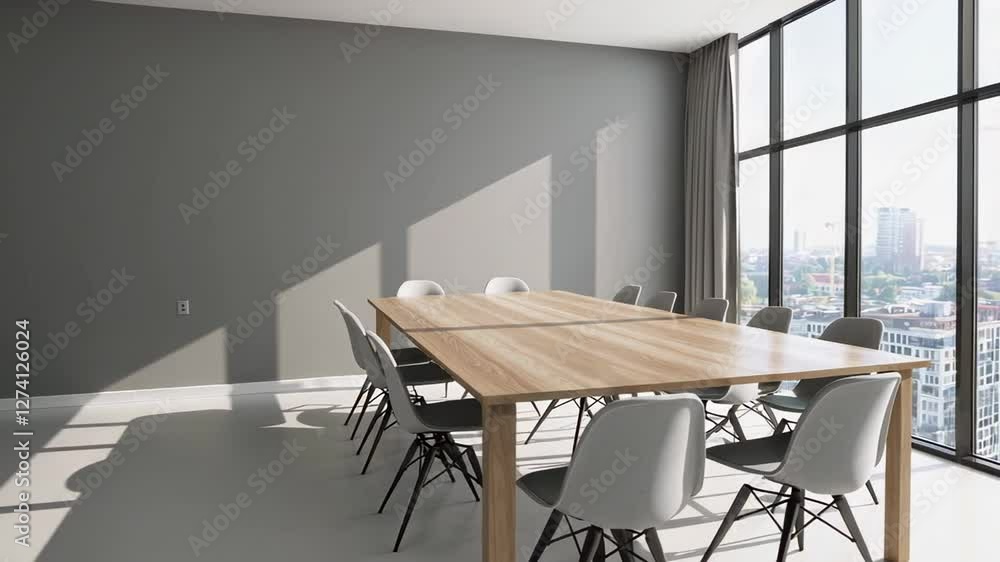 Aufkleber soft sunlight gradually filtering through large windows, revealing minimalist conference room's wood