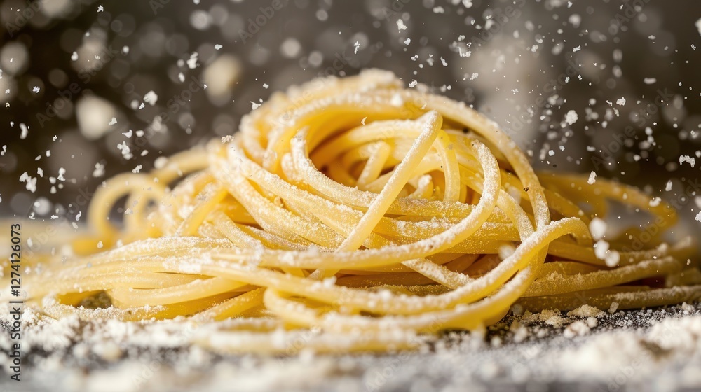 Poster a close-up of cooked spaghetti topped with grated cheese, creating a delicious visual appeal.