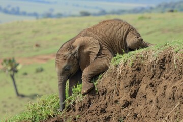 Fototapeta premium Elephant walking on grassy hill in a natural habitat during the daytime showcasing its majestic presence