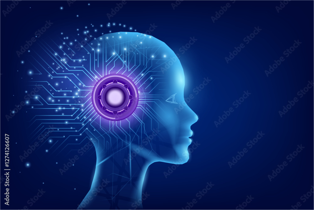Aufkleber Machine learning and cyber mind domination. Vector artificial intelligence and big data, Internet of Things concept. AI human face with chip, computer thinking and processing information