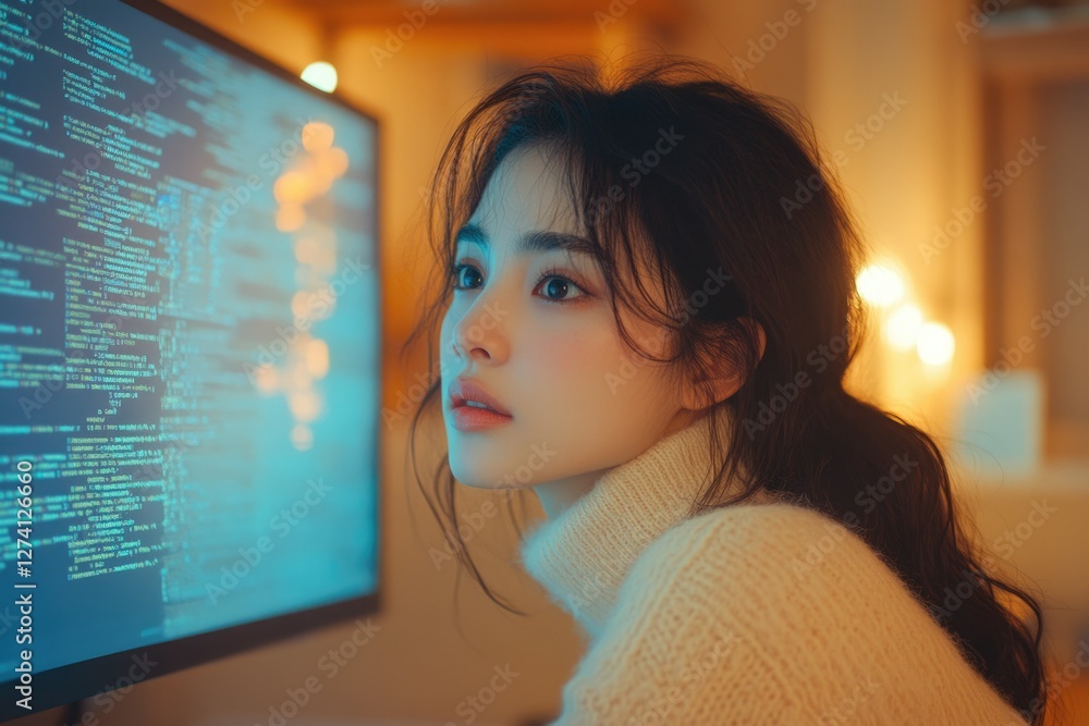 Poster a young woman gazes intently at a computer screen filled with lines of code, illuminated by warm amb
