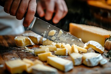Hands slicing assorted cheeses on a rustic wooden board