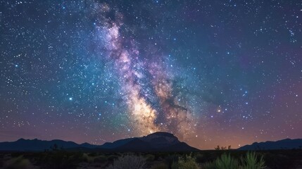 A stunning view of the Milky Way galaxy over a mountain landscape at night.