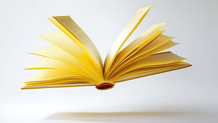 Education, reading, literature, a yellow open book with white pages floating in midair on a white background