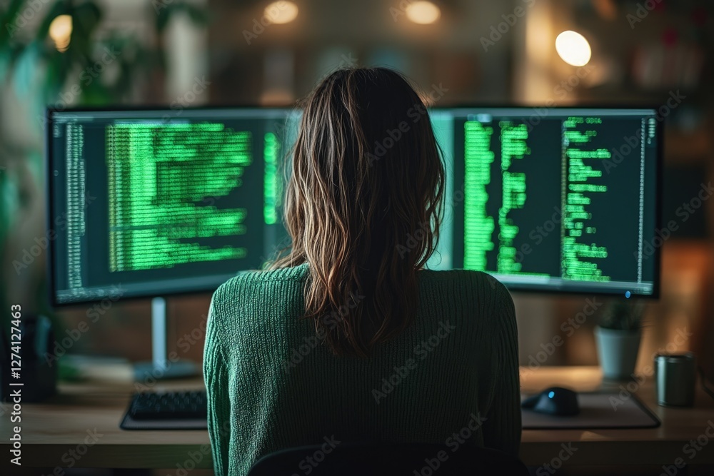 Poster a woman programmer works late at night, focused on lines of green code displayed across two large mo