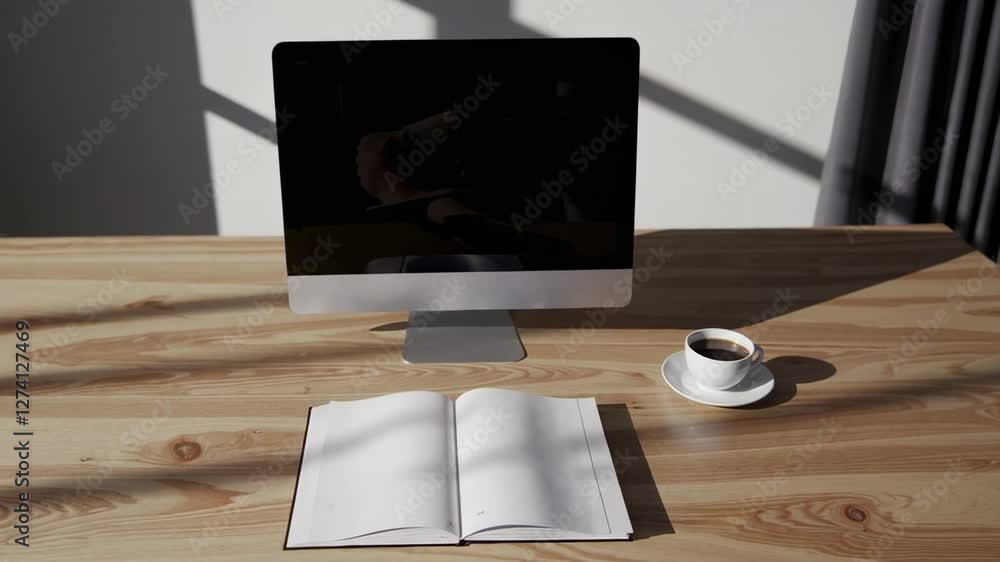 Aufkleber Sunlight is slowly moving over a wooden desk with a computer, an open notebook and a cup of coffee, creating a peaceful and productive atmosphere