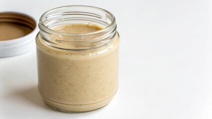 Tahini in Glass Jar on White Background