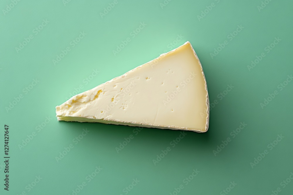 Poster creamy wedge of cheese on a plain green background, creating a simple yet appetizing visual