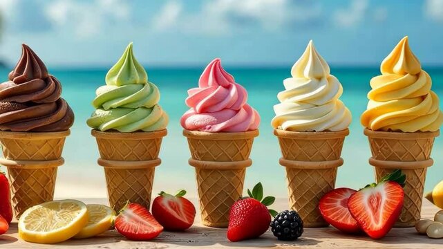 A row of ice cream cones with different flavors. One of the cones has a strawberry on top