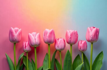 Naklejka premium A bouquet of delicate pink tulips on a rainbow background with space for text. International Women's Day
