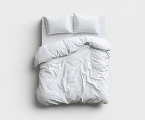 Top view of unmade minimalist white bed with crumpled bedding and pillows