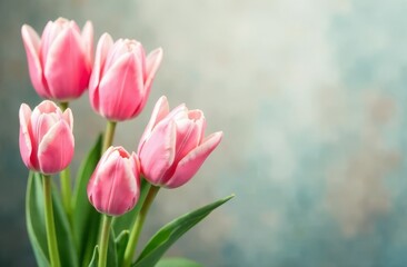 Fototapeta premium A bouquet of delicate pink tulips on a rainbow background with space for text. International Women's Day