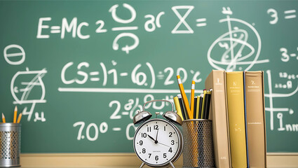 Academic Success Books, Pencils, and a Chalkboard Full of Equations