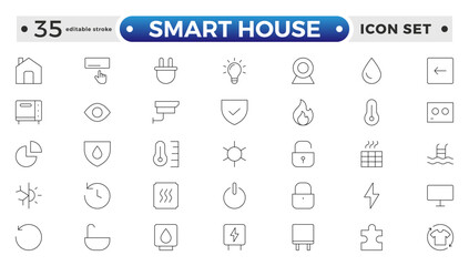 Line icons about smart house. Sustainable development. Contains such icons as renewable energy, autonomous building, air and water quality. Editable stroke outline icon. 

