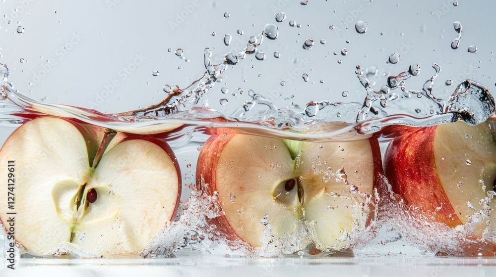 Poster three apples partially submerged in water, creating splashes and showcasing freshness.