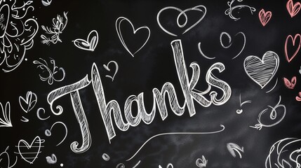 Chalkboard art featuring “Thanks” in bold lettering surrounded by hearts and doodles