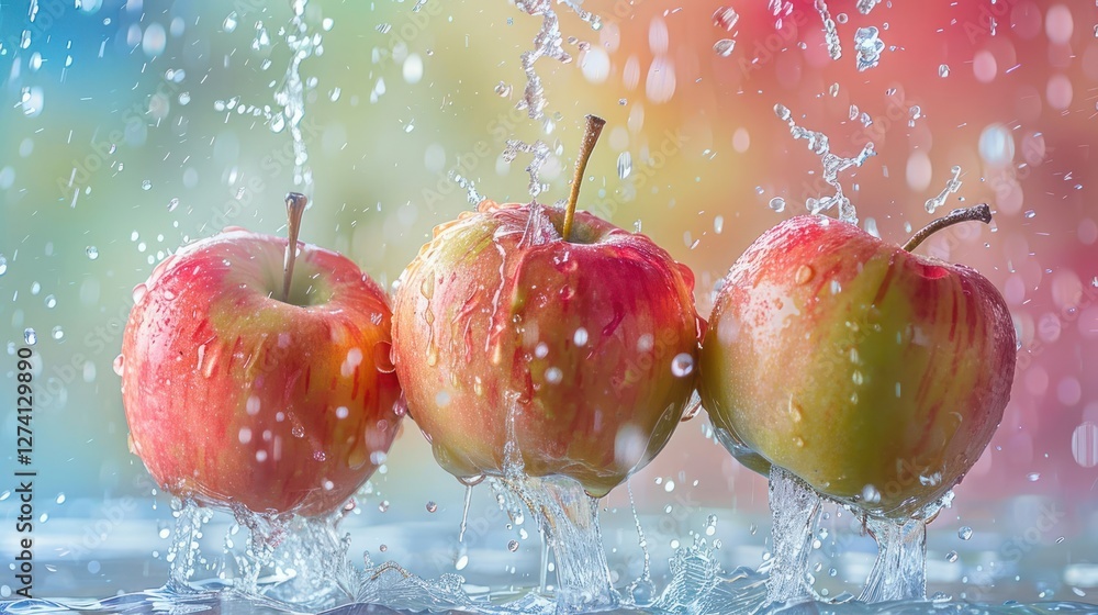 Poster three apples splashing in water with a colorful background.