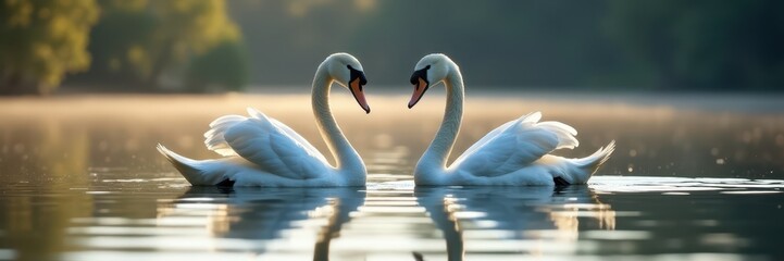 Fototapeta premium Two graceful swans glide on calm lake water, reflections shimmering , bird, graceful, reflection