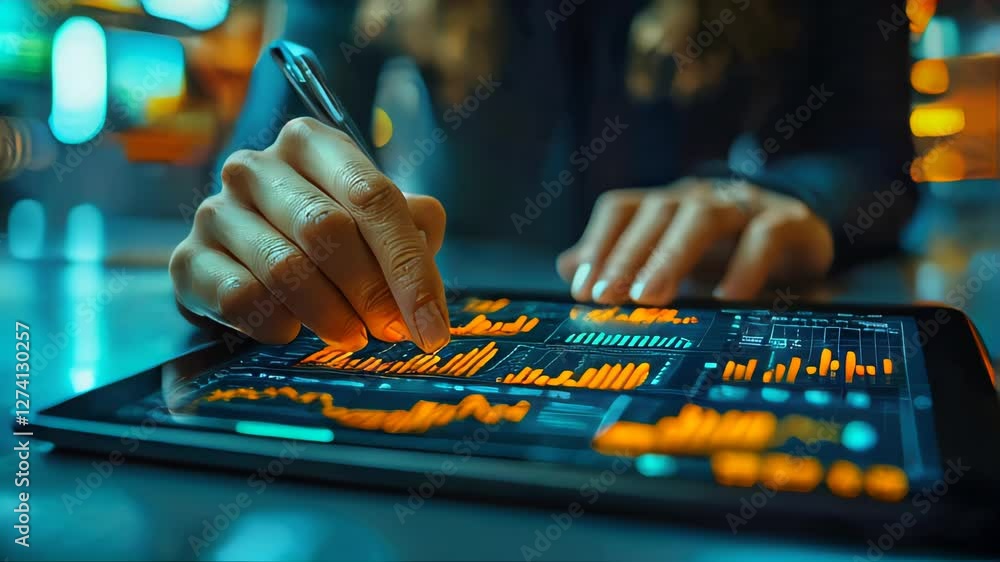 Poster a person analyzes financial charts on a tablet, interacting with data visualizations in a dimly lit 