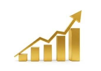 Golden Bar Chart with Upward Arrow - 3D Render of Financial Growth.
