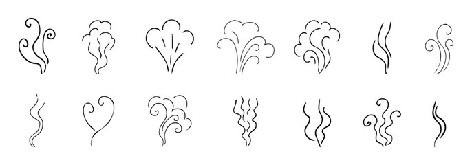 Steam smoke hand drawn line comic doodle. Aroma trail, cloud or wind silhouette. Smells hot air fragrance evaporate set. 