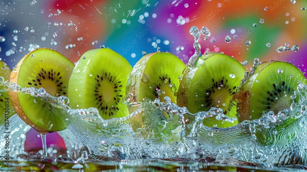 Aufkleber slices of kiwi create splashes in water against a colorful background.