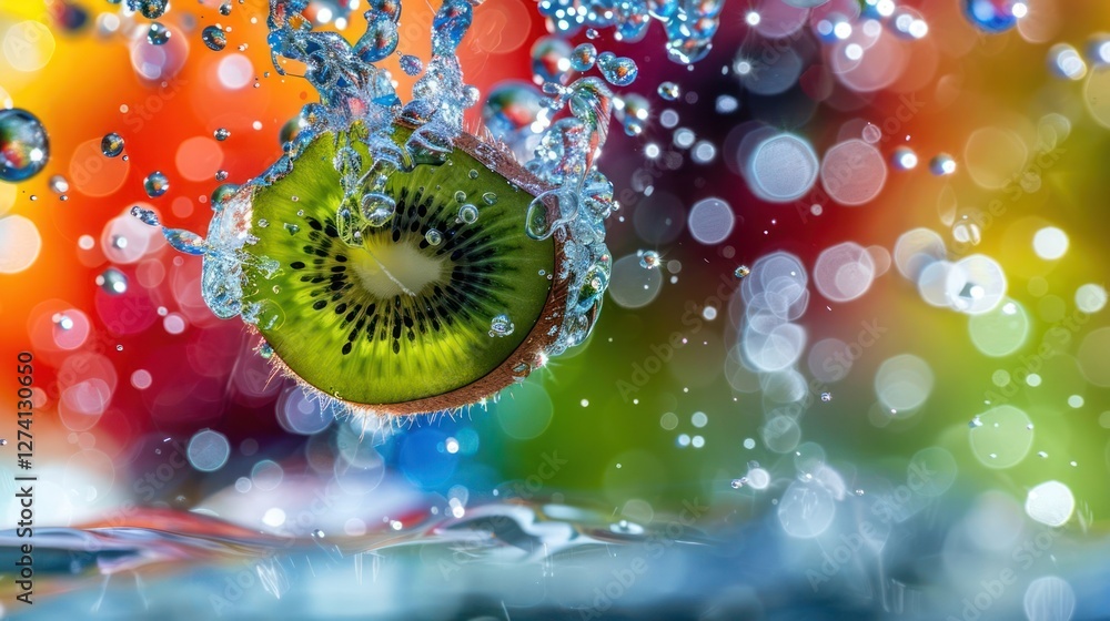 Poster a vibrant kiwi slice splashes into water, creating a colorful and dynamic scene.