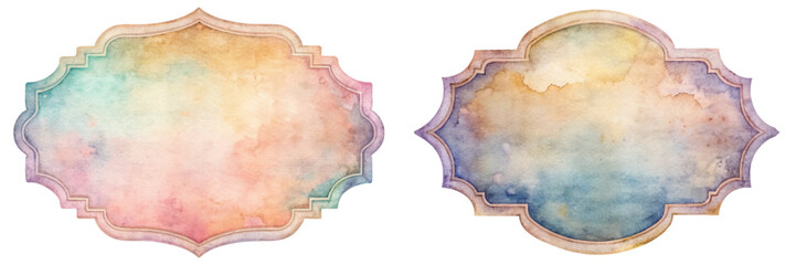 Watercolor frame design, soft pastel colors, elegant shape, artistic background, versatile for invitations and branding.