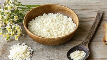 Freshly crafted coarse salt displayed in a rustic bowl with flowers and wooden spoon on a weathered table - Powered by Adobe