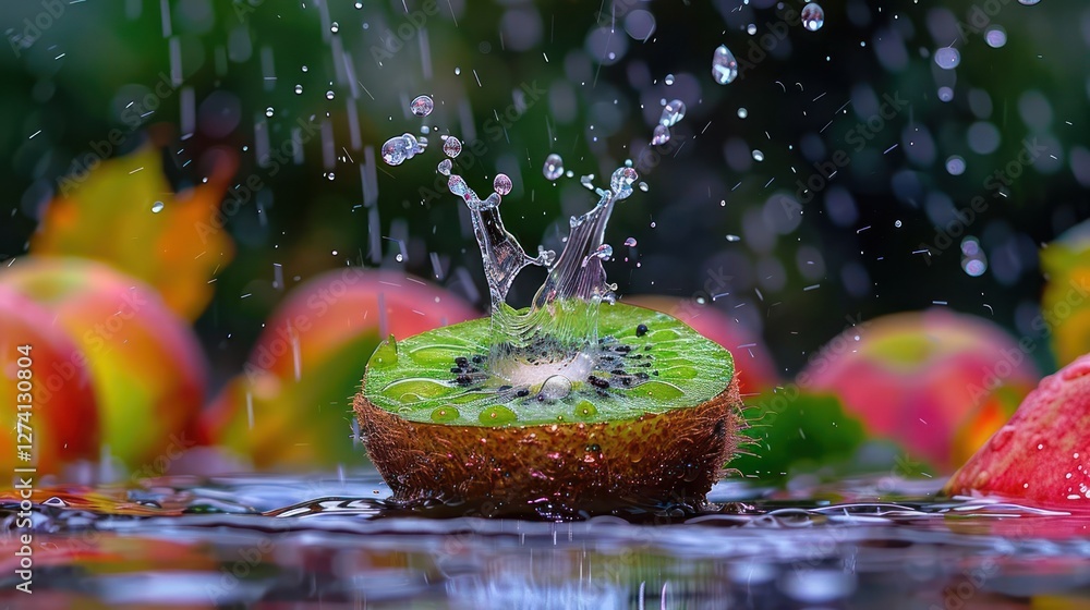 Poster a kiwi slice splashes in water, surrounded by apples, creating a refreshing scene.