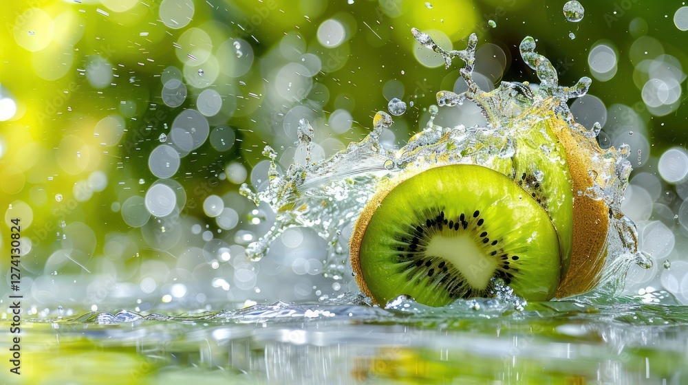 Poster sliced kiwis splashing in water, creating a vibrant and refreshing scene.
