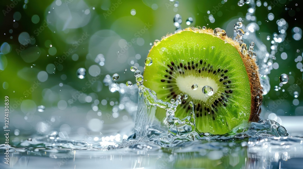 Poster a sliced kiwi splashes into water, creating dynamic droplets and a refreshing scene.