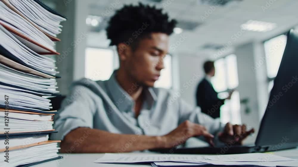 Poster Office worker is typing on a laptop with a large stack of documents next to him, creating a visual representation of stress, overwork, and deadlines in a slow motion montage