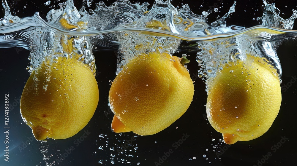 Poster three lemons submerged in water, creating bubbles and splashes.