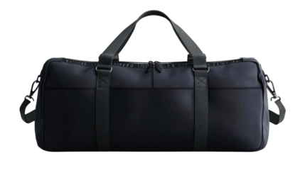 Durable black duffel bag with adjustable straps and multiple pockets for travel