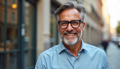 Fototapeta premium Smiling mature businessman with beard, eyeglasses looks at camera. Confident middle-aged man in blue shirt poses outdoor on street. Successful male manager with grey hair advertises eyewear.