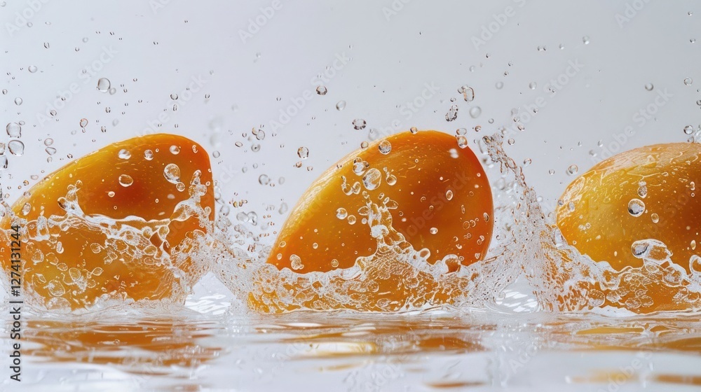 Poster three mangoes splashing into water, creating dynamic droplets and a refreshing atmosphere.