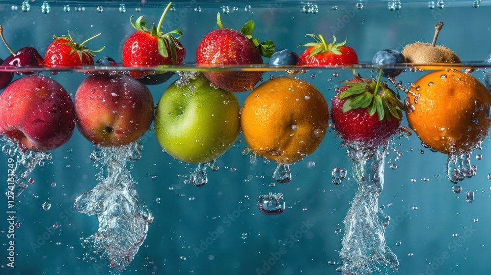 Poster a vibrant display of various fruits submerged in water, showcasing bubbles and splashes.