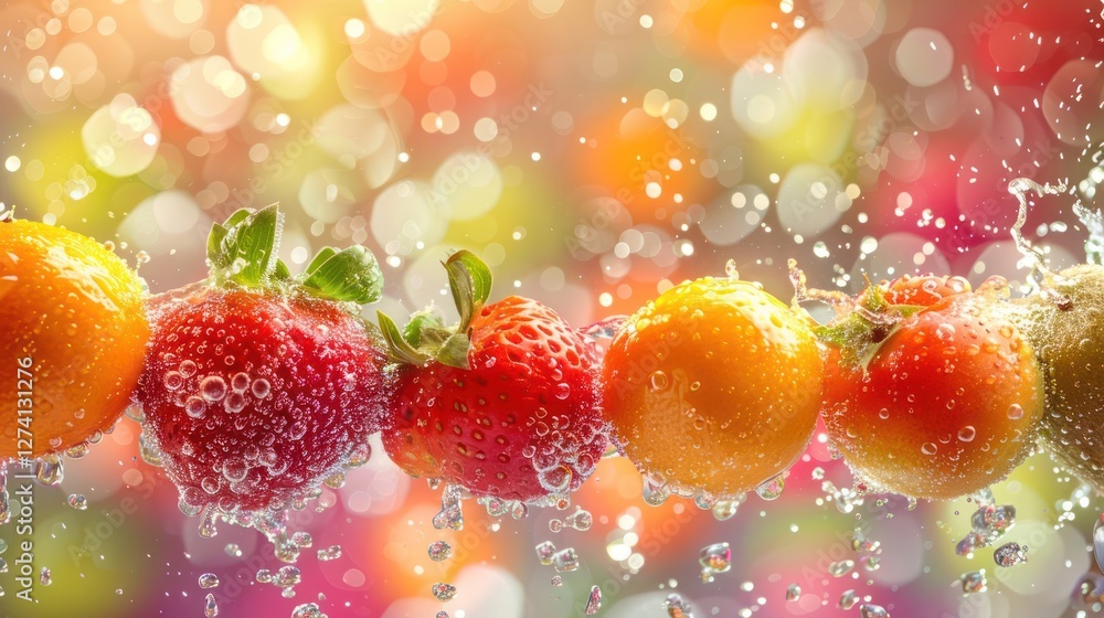 Poster colorful fruits splashing in water, creating a refreshing and vibrant visual effect.